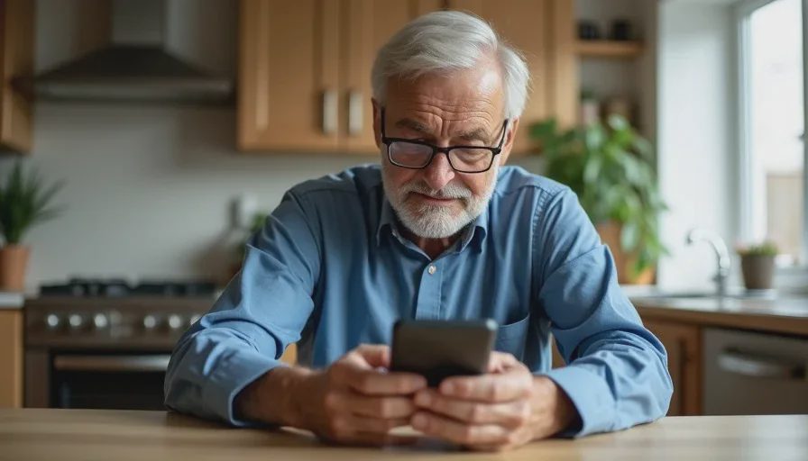 Older adult pausing to check suspicious message.