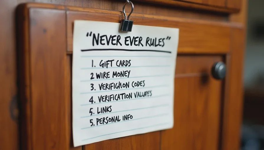 Five never-ever scam rules index card.