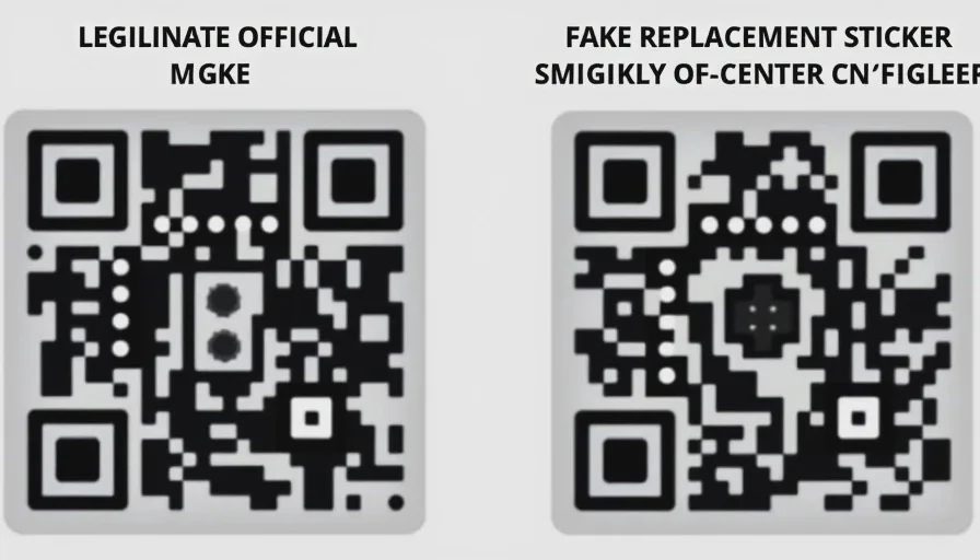 Legitimate vs fake QR code sticker comparison.